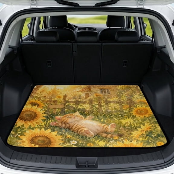 COEQINE Universal Car Trunk Mat All Weather Cargo Liner Floor Mat with Non-Slip Backing Scratch-proof Pet Cargo Mat Suitable for Most Car Models, Cat Sunflower Garden