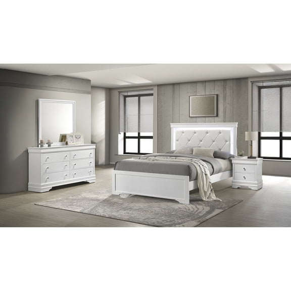 Twin Bedroom 4 Pc Blaze White - Elegant With Led Headboard & Storage Bed, Dresser, Mirror, Nightstand Modern In Organizers