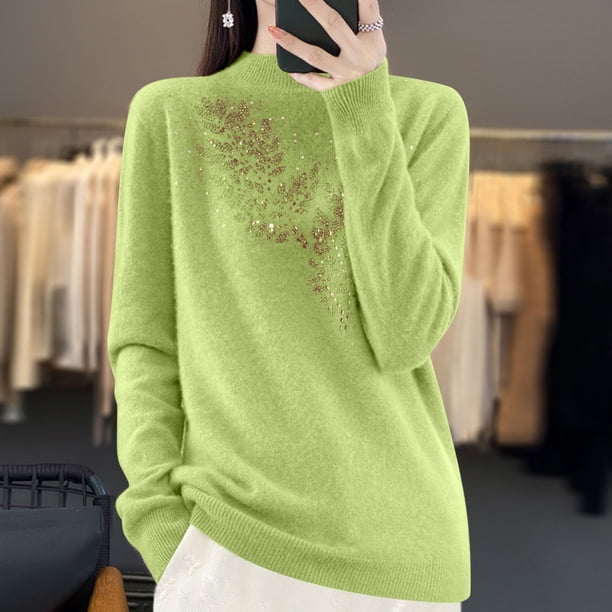 Suéter de cuello alto para mujer, color liso, con diamantes de imitación, cuello medio alto, suéter de punto, blusa para mujer
