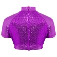 thumbnail image 5 of Aislor Girls 2 Piece Jazz Dance Performance Outfit Mock Neck Short Sleeve Sequins Crop Top with Shiny Tutu Skirt Purple 6, 5 of 7