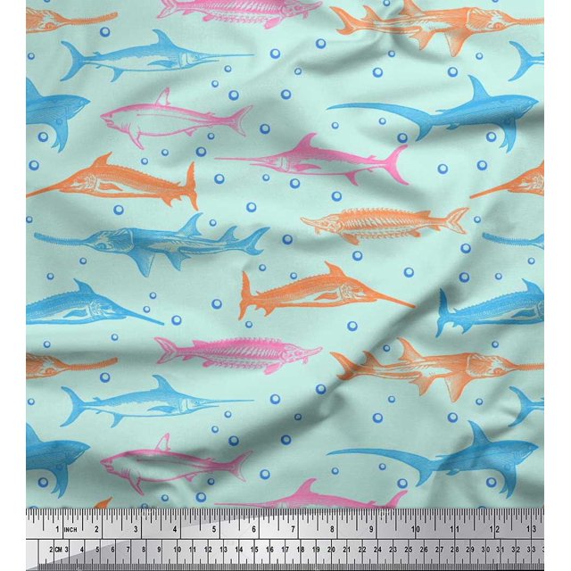 Soimoi Poly Georgette Fabric Bubbles & Fish Ocean Printed Craft Fabric by The Yard 42 Inch Wide