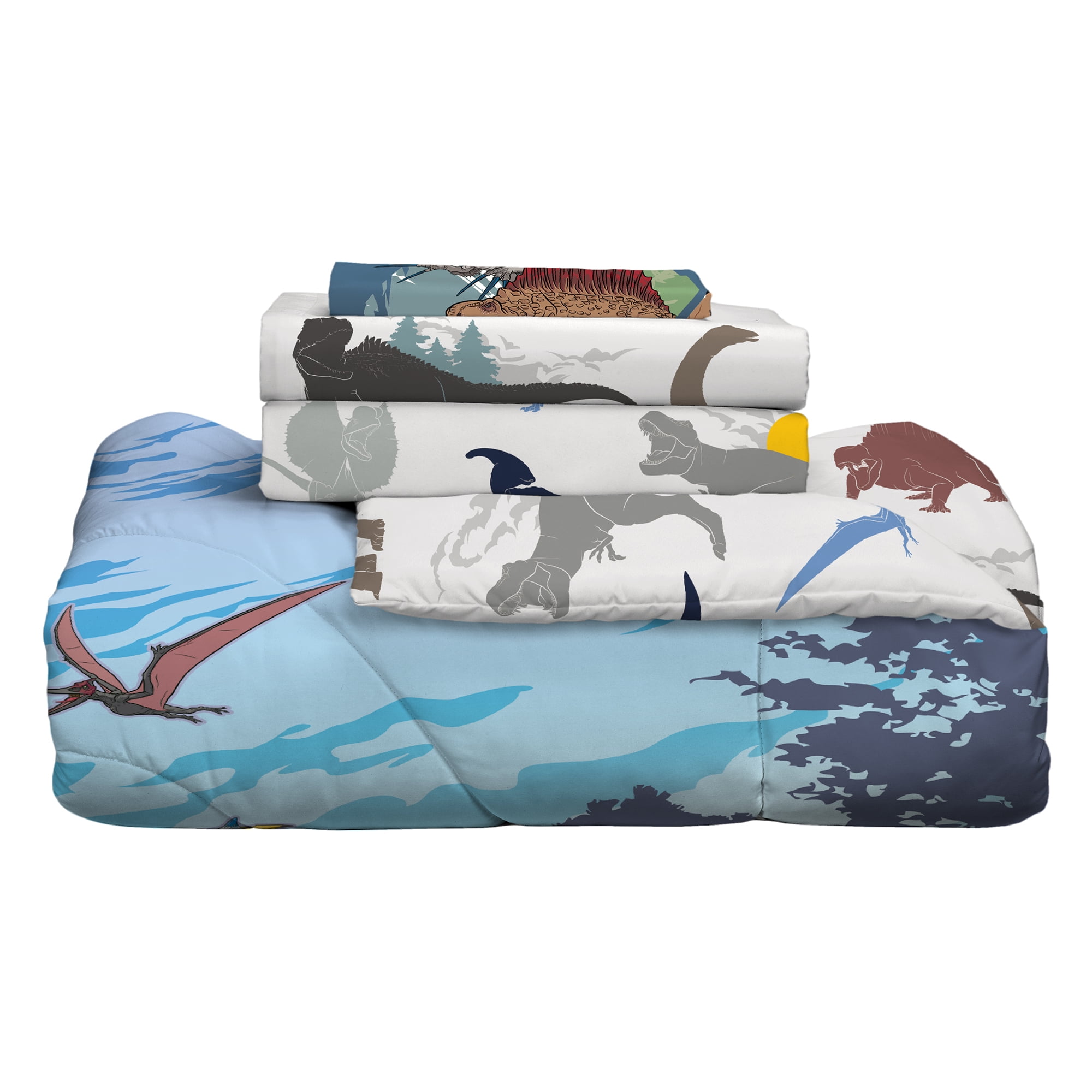 Jurassic World Kids 4 Piece Blue Gray Reversible Comforter, Bed in a Bag, Twin