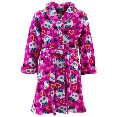 Girls Fleece Shawl Collar Robe - Sweet and Sassy Girls Pink Skull Fleece Bathrobe Size S/4-5