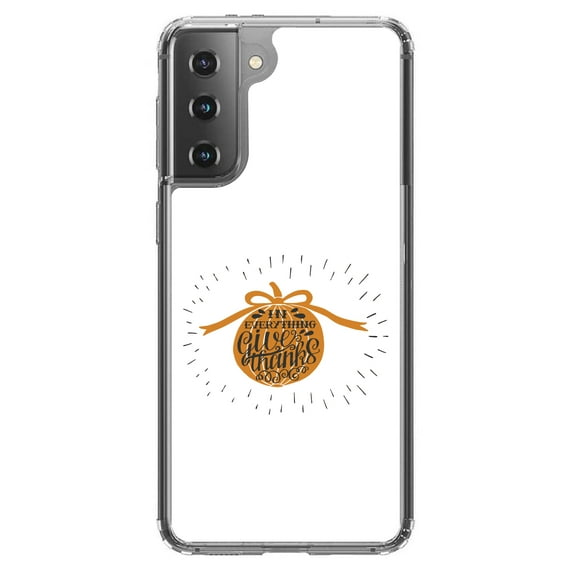 DistinctInk Clear Shockproof Hybrid Case for Galaxy S21+ PLUS 5G (6.7" Screen) - TPU Bumper, Acrylic Back, Tempered Glass Screen Protector - In Everything Give Thanks - Orange White