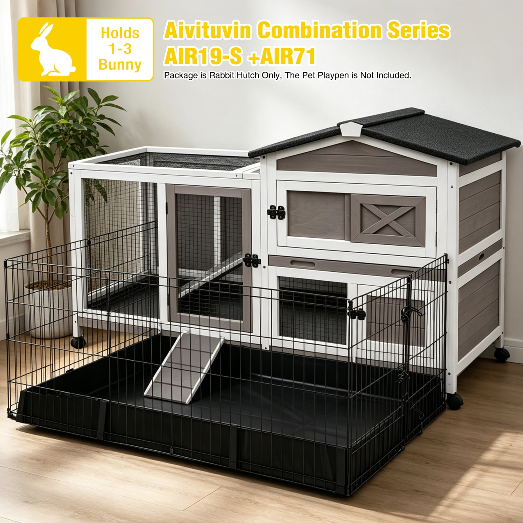 Aivituvin Rabbit Hutch Bunny Cage Outdoor & Indoor with Wheels, Two Layer Guinea Pig House with Pull Out Tray, Chew-Proof Ramp, Waterproof Roof