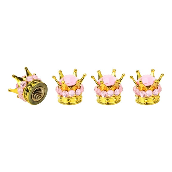 Tire Valve Stem Caps 12.8x15.8MM Car Wheel Valve Cap ABS Gold Tone Pink Faux Crystal Crown Style 4 Pcs