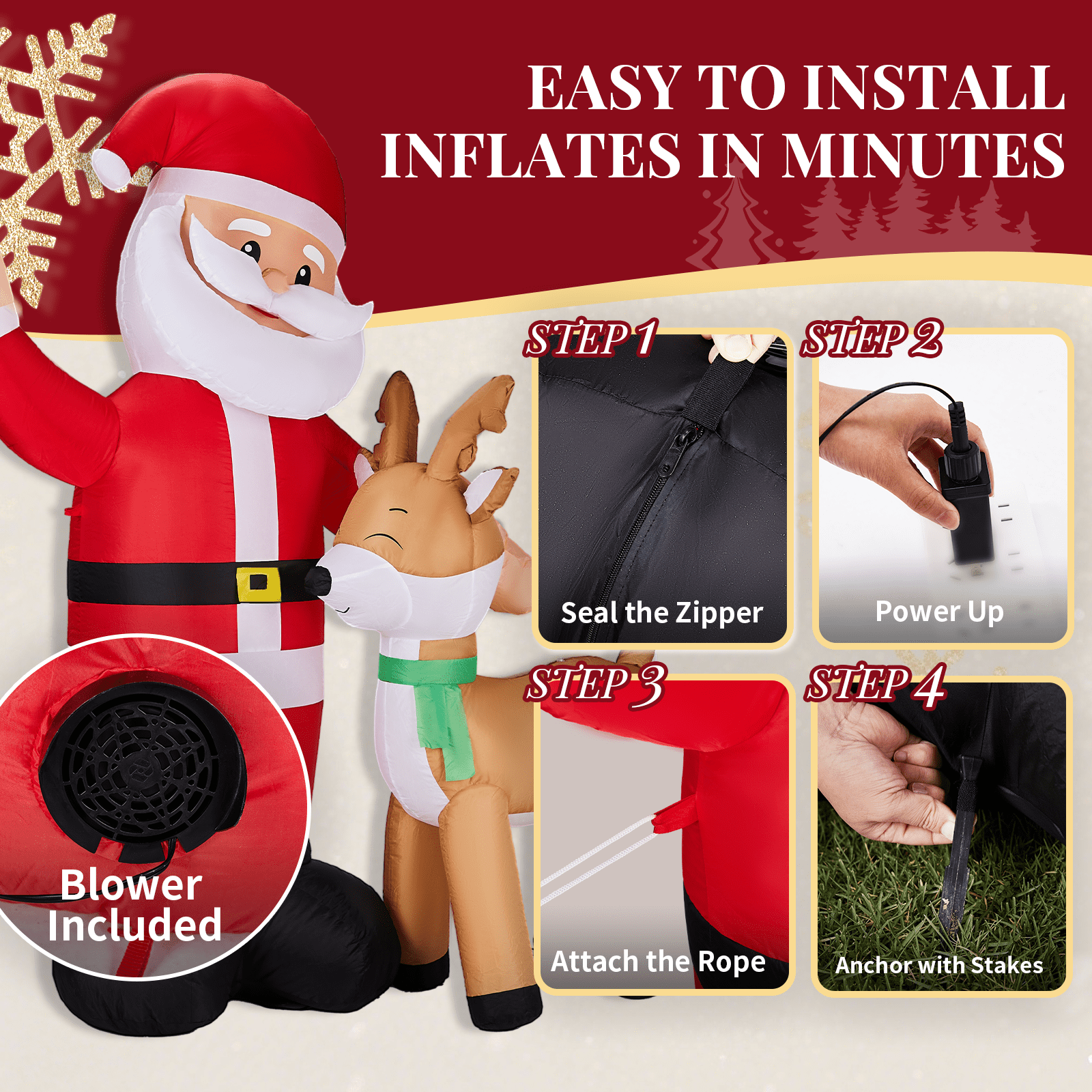 Astoutdoor Christmas Inflatable Decoration, Santa and Reindeer with Built-in LED Lights, 61 x 31.5 x 74.8 in