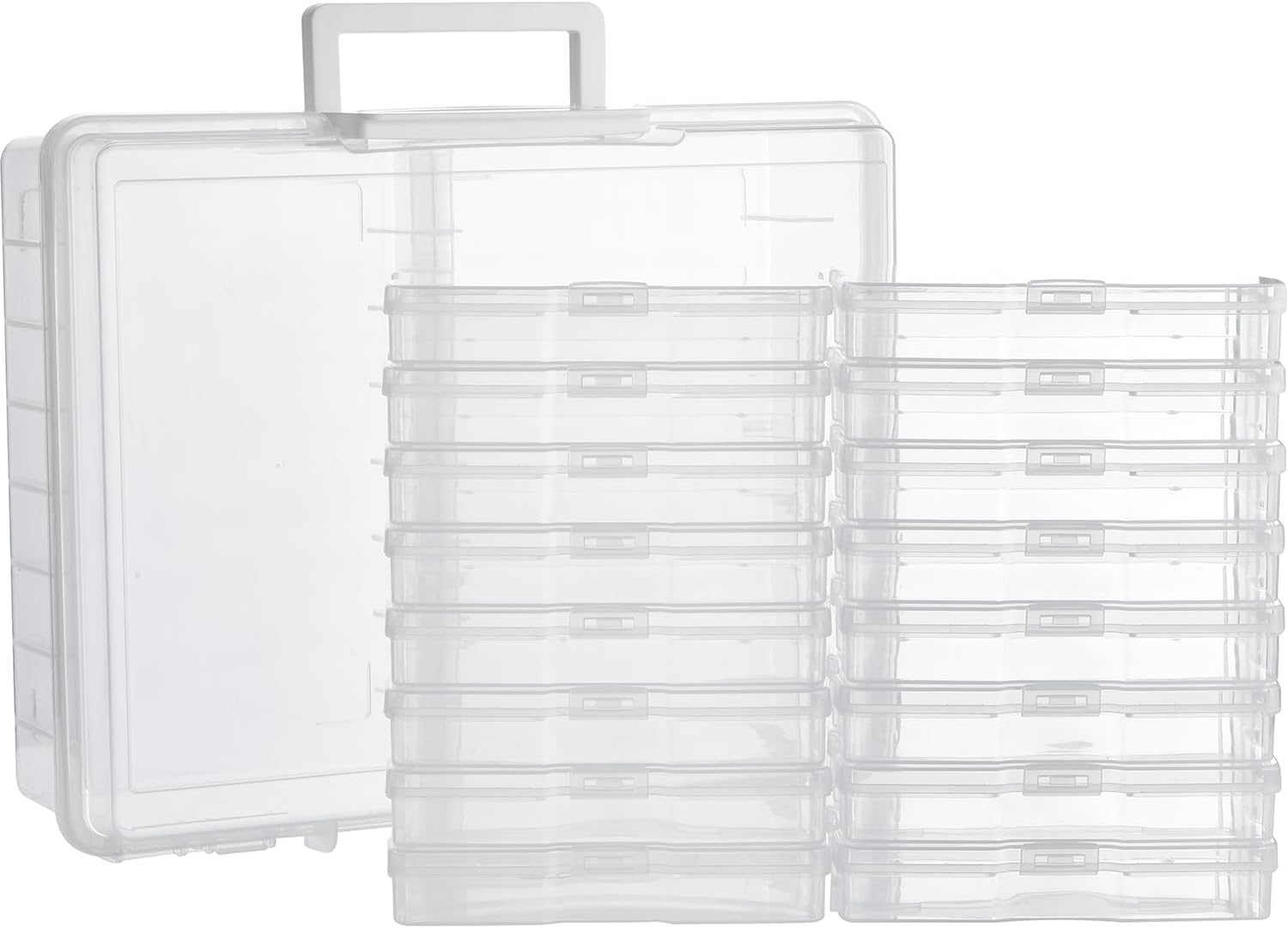 Photo Storage Box with 16 Inner 4" x 6" Photo Case, Portable Storage Organizer with Handle Craft Keeper for Picture, Stickers, Stamps, Screws, Hair Clips, Clear