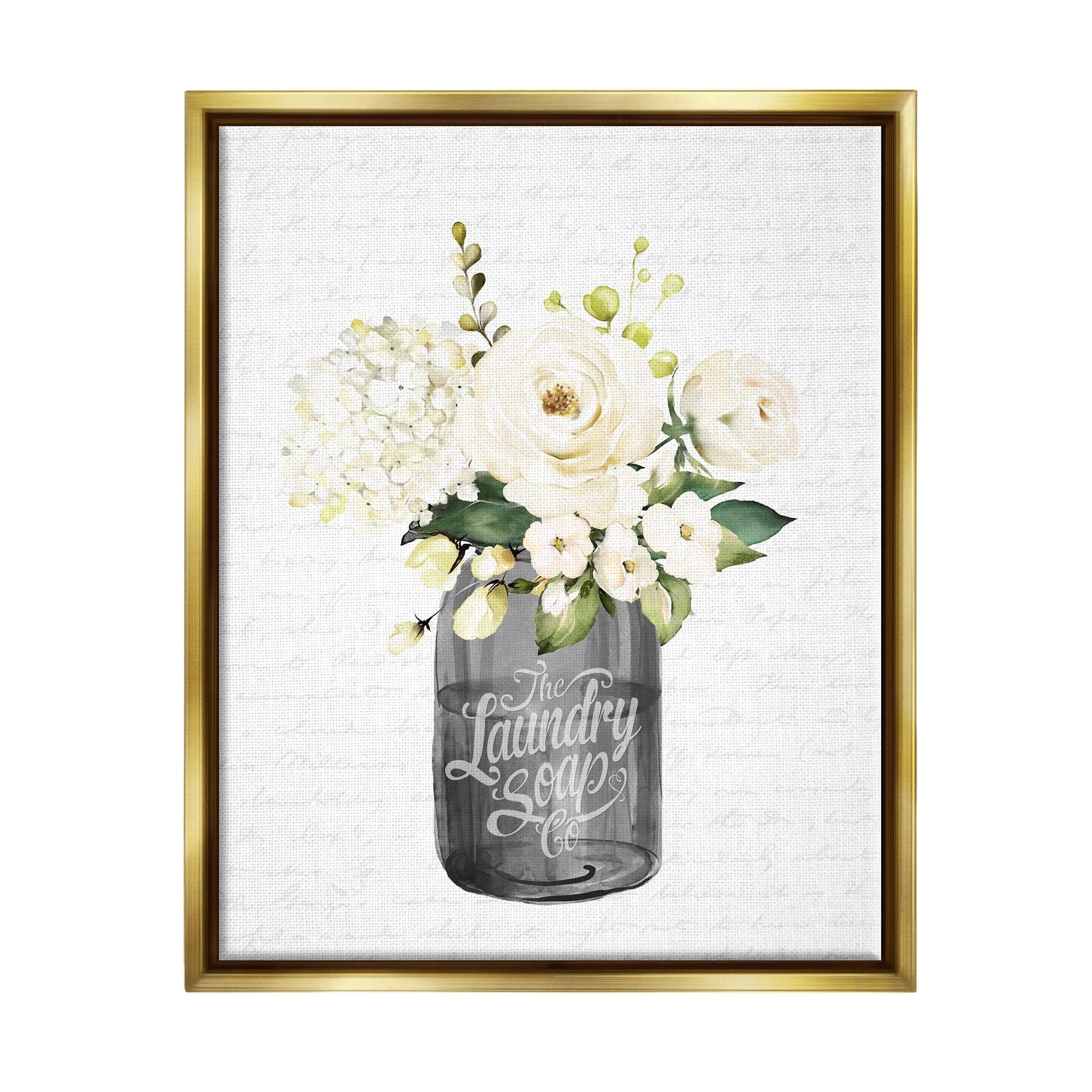 Stupell Industries White Flower Blossoms Laundry Jar Fancy Script Graphic Art Metallic Gold Floating Framed Canvas Print Wall Art, Design by Lettered and Lined