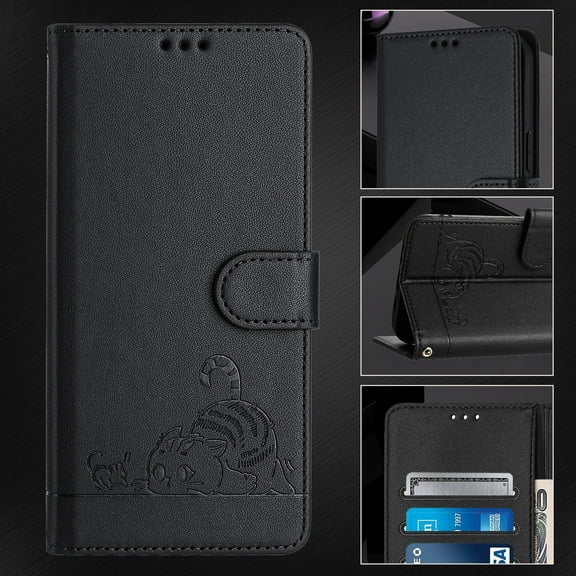 ELEHOLD for T-Mobile Revvl 7 Wallet Case, Embossed Cat PU Leather RFID Blocking Credit Card Slot Kickstand Support Wireless Charging Shockproof Case with Crossbody Strap for T-Mobile Revvl 7,Black