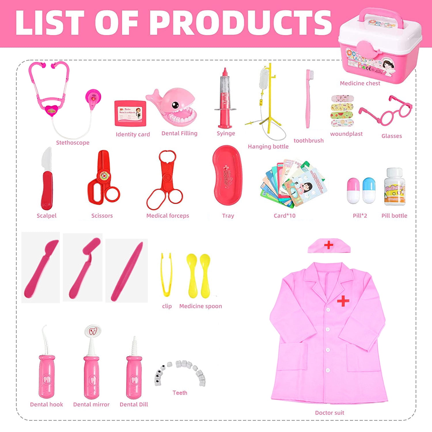 NimJoy Toy Doctor Kit for Girls 3-6 Years Boys, 40PCS Pink Coat & Toy Stethoscope Braces Medical Kits Preschool Pretend Dentist Play Set Gift to Toddler Birthday Christmas Present