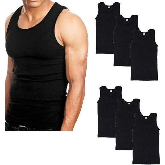 Mens Cotton Tank Top Adult Men's Basic Undershirt Tank Top, 6 Packs (Black)