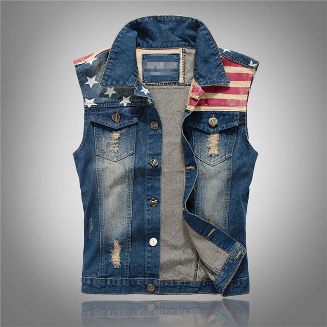 Chaleco vaquero de estilo ajustado y moderno para hombre, chaleco vaquero para hombre, chaleco informal con bandera