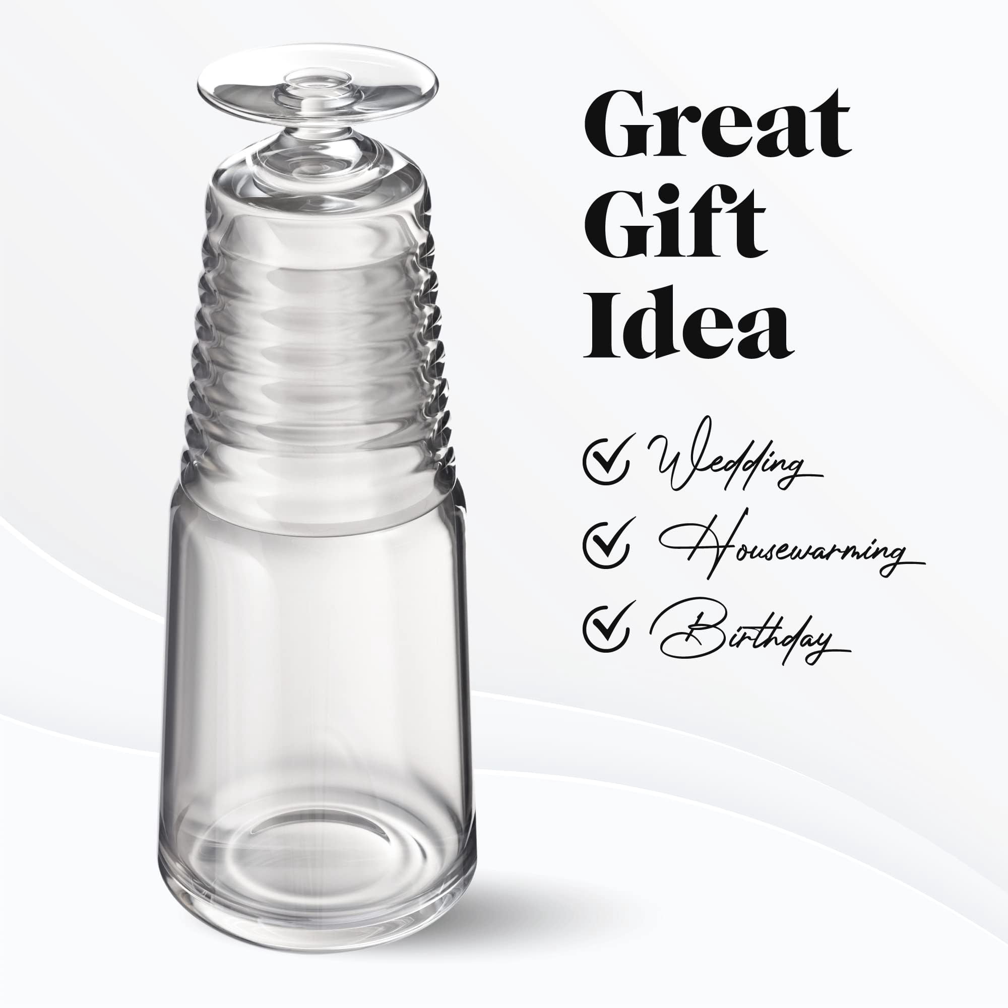 American Atelier Bedside Water Carafe with Tumbler Pitcher and Footed Drinking Glass Use Cup as a Lid for Carafe, For Guest Room, Nightstand, Office, or Gift, Gray (32 Oz)