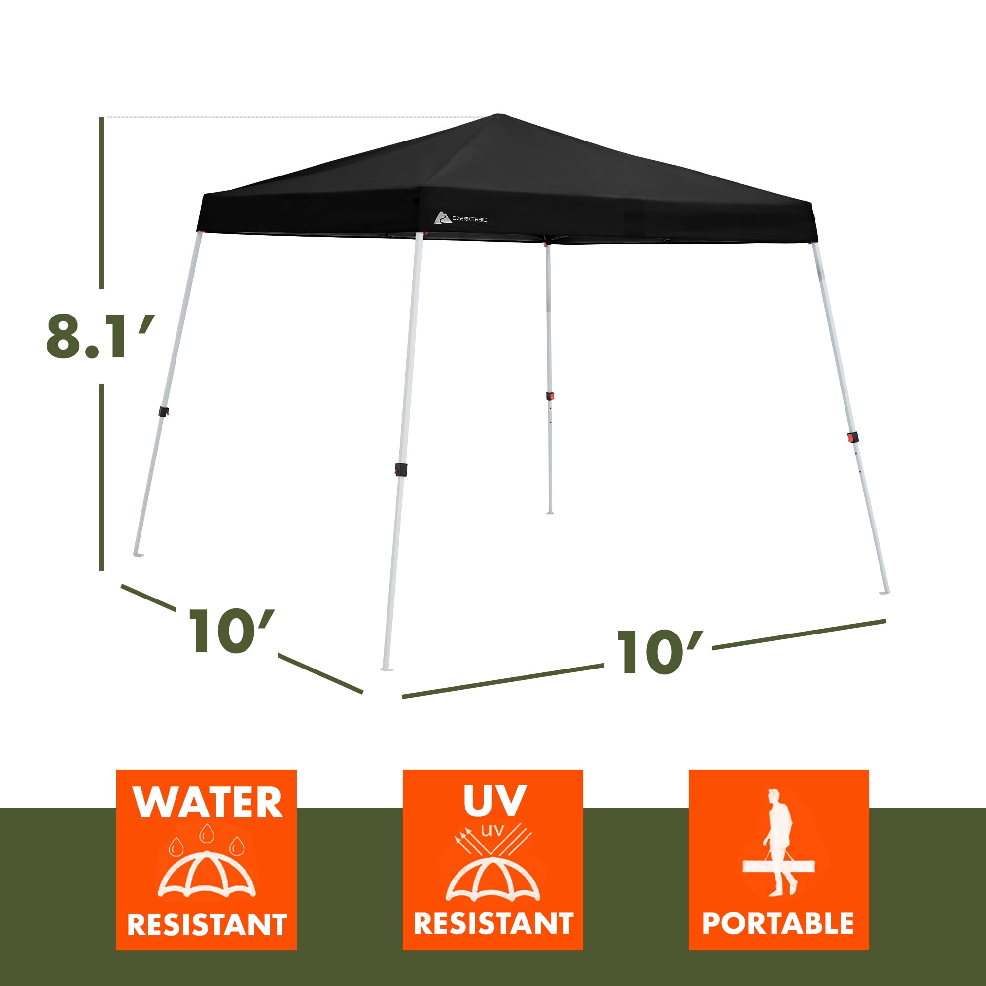 Ozark Trail 10 ft x 10 ft Slant Leg Instant Canopy, Rich Black