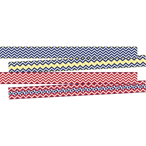 Barker Creek Double-Sided Trim Set of 2, Nautical Chevron, Mixed-Design, 70 feet of Double-Sided Trim -- 35' each of Two Designs, Red & Navy Chevron and Navy & Yellow Chevron (3740)