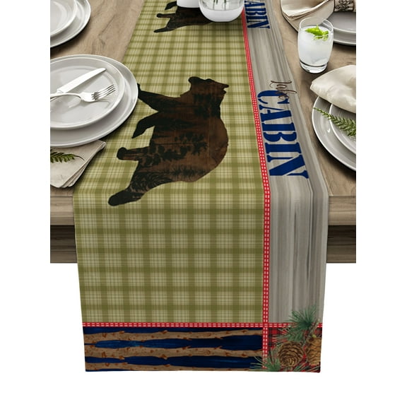 Table Runner Dresser Scarf 14 x 72 Inch Lake Cabin Retro Checked Plaid Forest Bear Bear Table Runners Non-Slip Heat Kitchen Dining Table Decor for Kitchen Farmhouse Indoor Outdoor Home Party