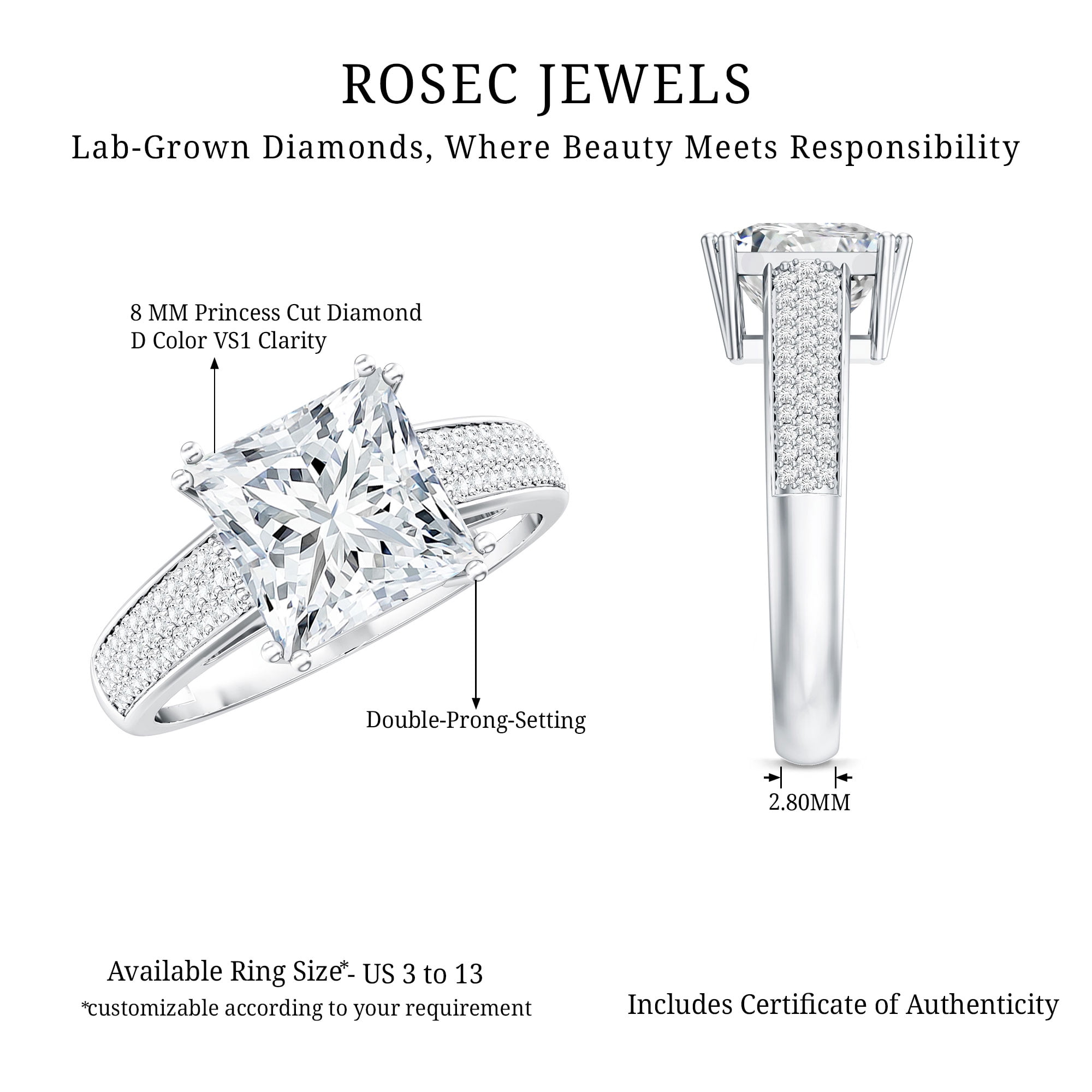 Rosec Jewels Certified Princess Cut Moissanite Wedding Engagement Ring for Women, 3 Carat, D-VS1 Quality - with Jewelry Box, 10K White Gold, US 10.00