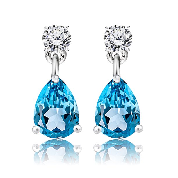JeenMata Pendientes Clásicos de Oro Blanco de 18 K sobre Plata con Colgante de Topacio Azul, Piedra Natal de Diciembre, de 2,5 Quilates, Talla Redonda y en Forma de Pera, para Mujer