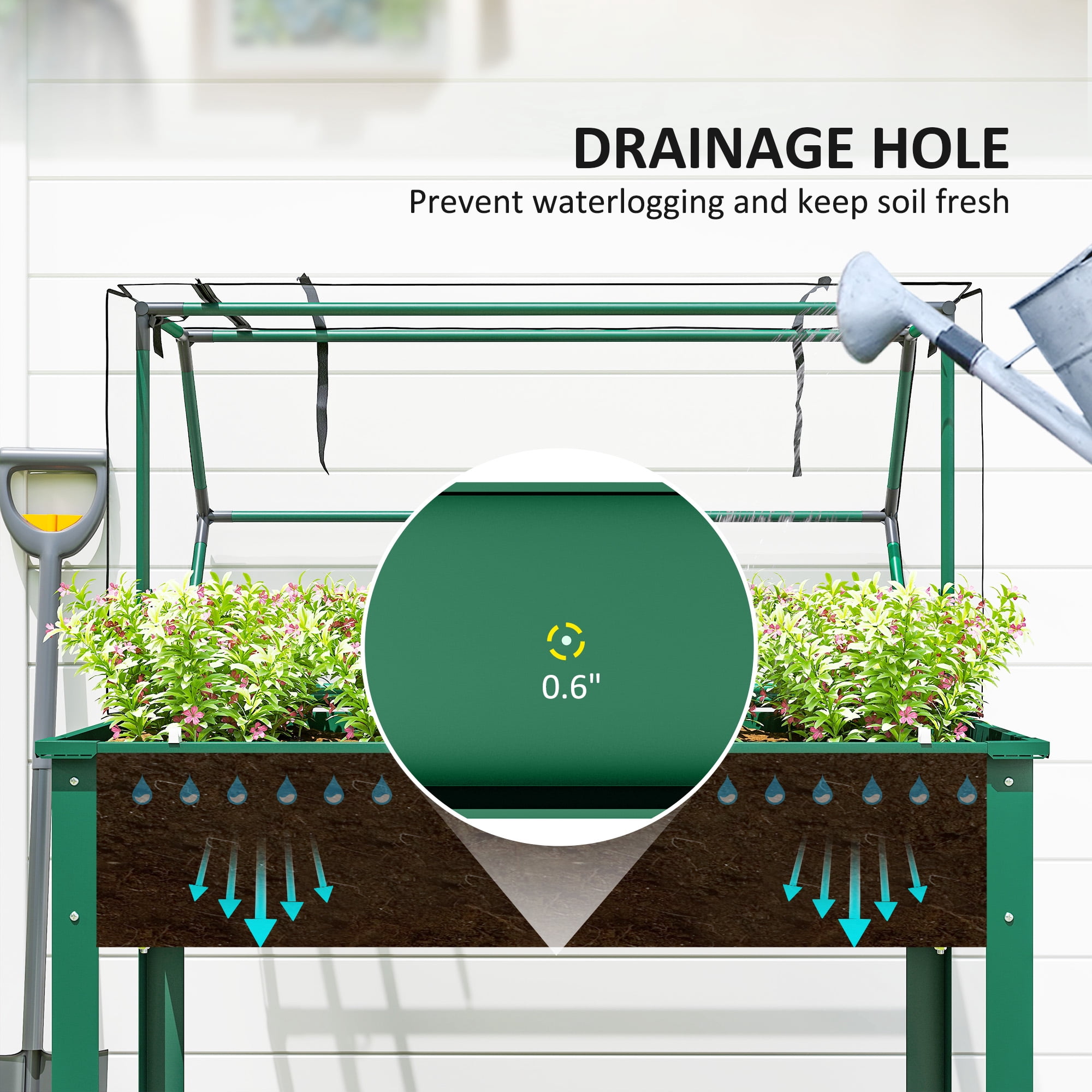 Outsunny Raised Garden Bed with Greenhouse Cover, Elevated Garden Box with Legs and Drainage Hole for Vegetables, Green