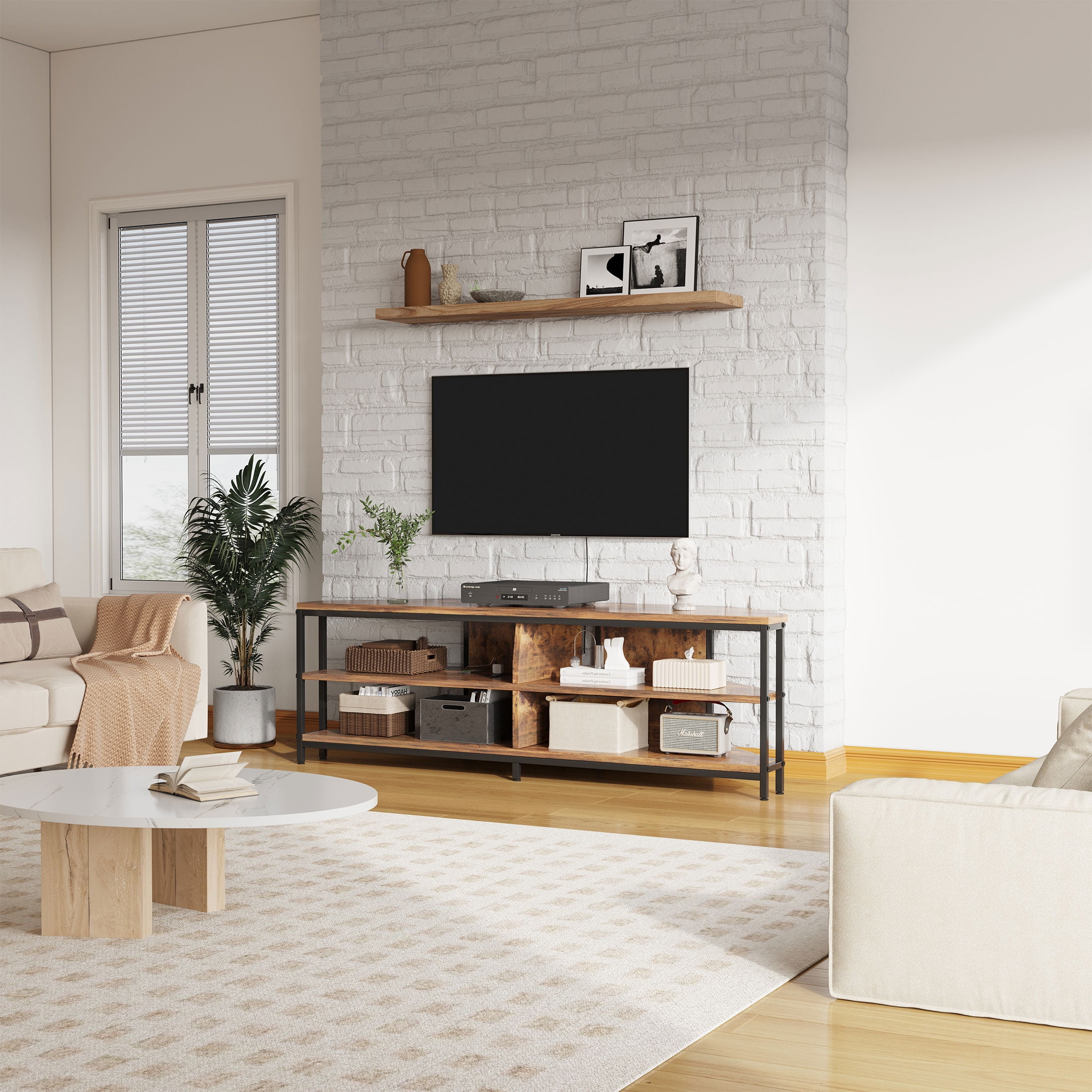 BREEZEHEAT  Corner TV Stand with Metal Leg for TV up to 55 in, French Oak Grey