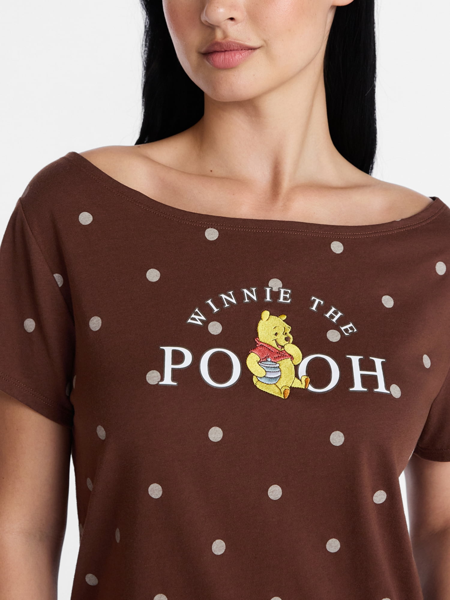 Winnie the Pooh Women's Off the Shoulder Skimmer Polka Dot Tee, Sizes XXS-XXL
