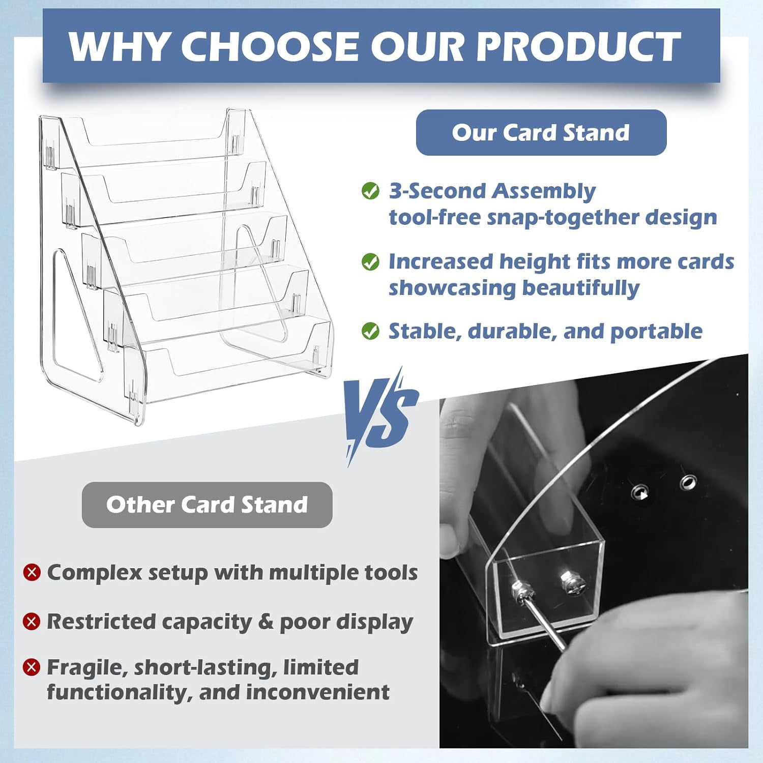 Upgraded 5 Tier Acrylic Card Display Stand, Clear Display for Greeting Cards, Sports Cards, Postcards, Stickers & Brochures, Easy Snap-On, Increased Height & Thickness for Better Presentation