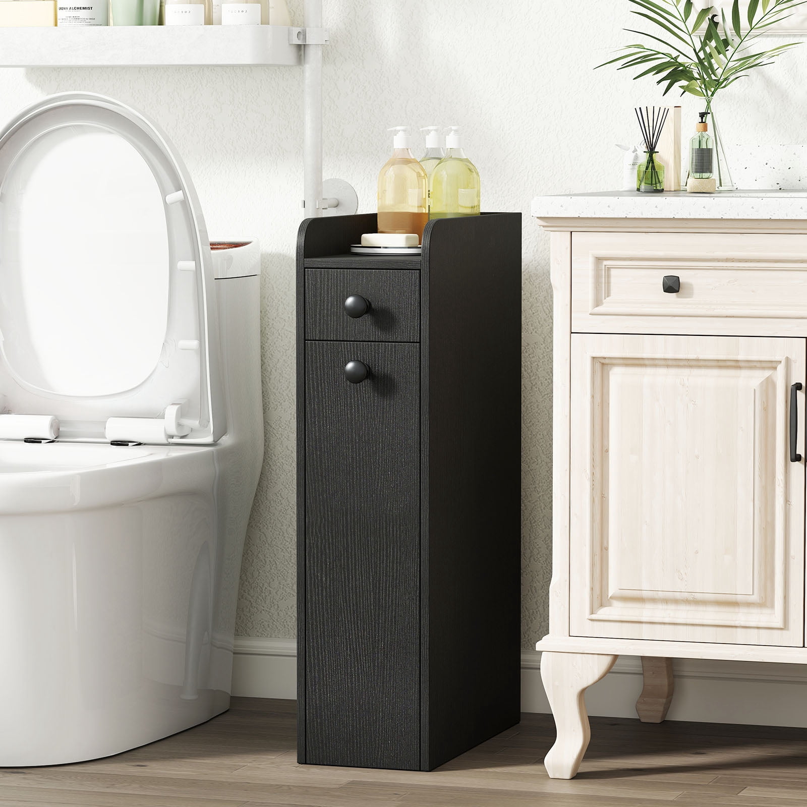 Gymax Slim Storage Cabinet Narrow Bathroom Cabinet w/ Slide Out Drawer & Spacious Top 2 Rolling Wheels Black
