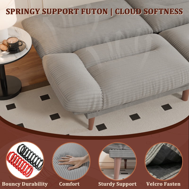Lacoo 65"W Convertible Futon Sofa Bed with Five-level Adjustable Armrests,Corduroy Gray