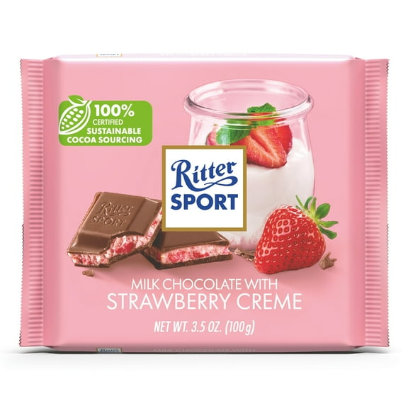 Ritter Sport Milk Chooclate Candy Bar with Strawberry Crème filling Chocolate Candy Bar – Authentic German Chocolate, Wrapped, 3.5 oz