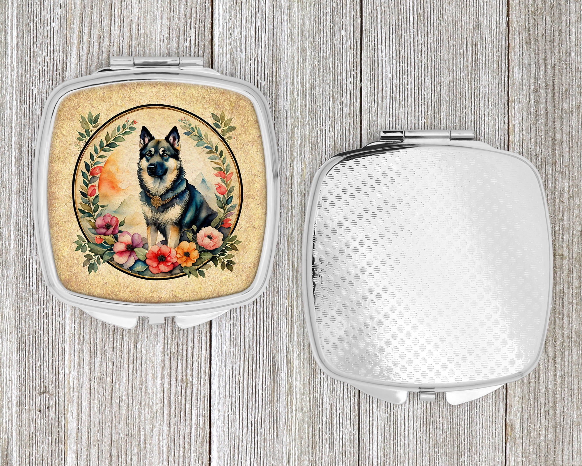 Norwegian Elkhound and Flowers Compact Mirror 2.75 in x 3 in