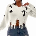 thumbnail image 3 of Women'S Ripped Knitted Cropped Sweater for Party Clubwear with Long Sleeves White 2 One Size, 3 of 8