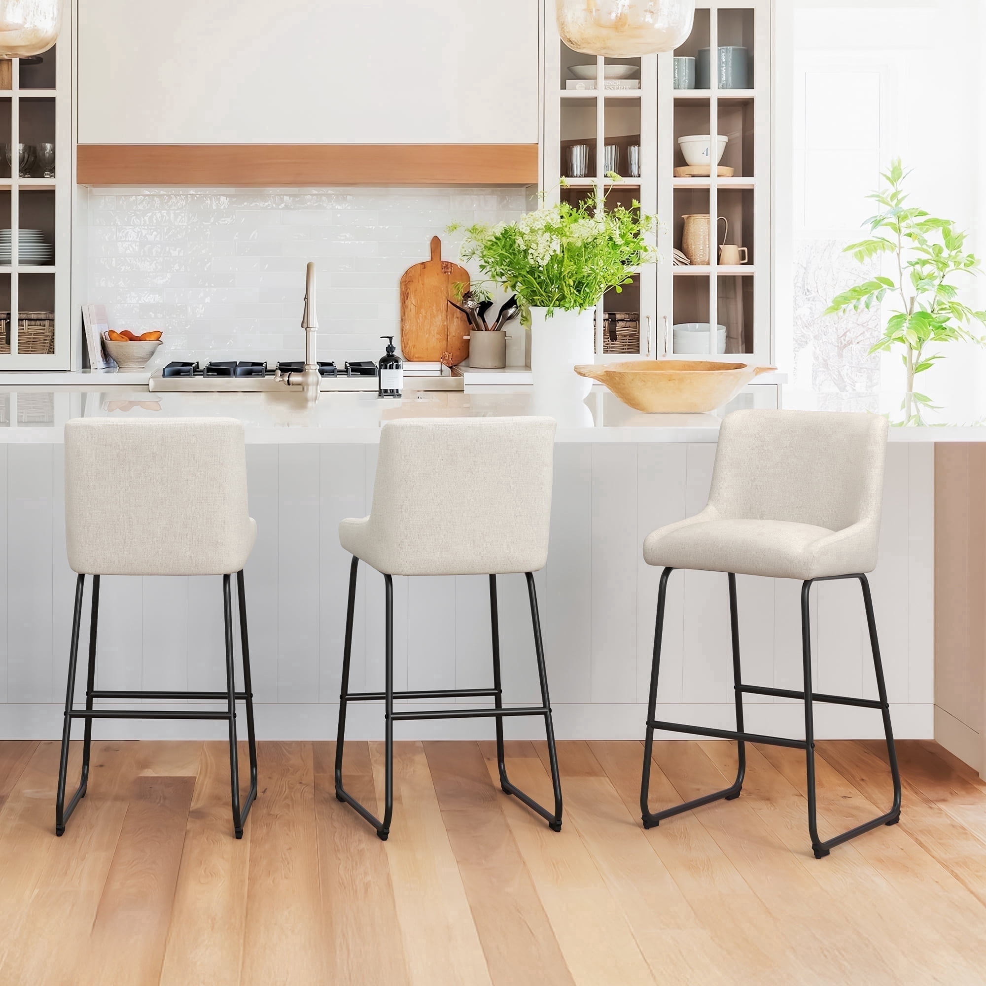 Dycanpo 26" Counter Height Bar Stools Set 3, Linen Fabric 2.5" Cushion, Linen Color