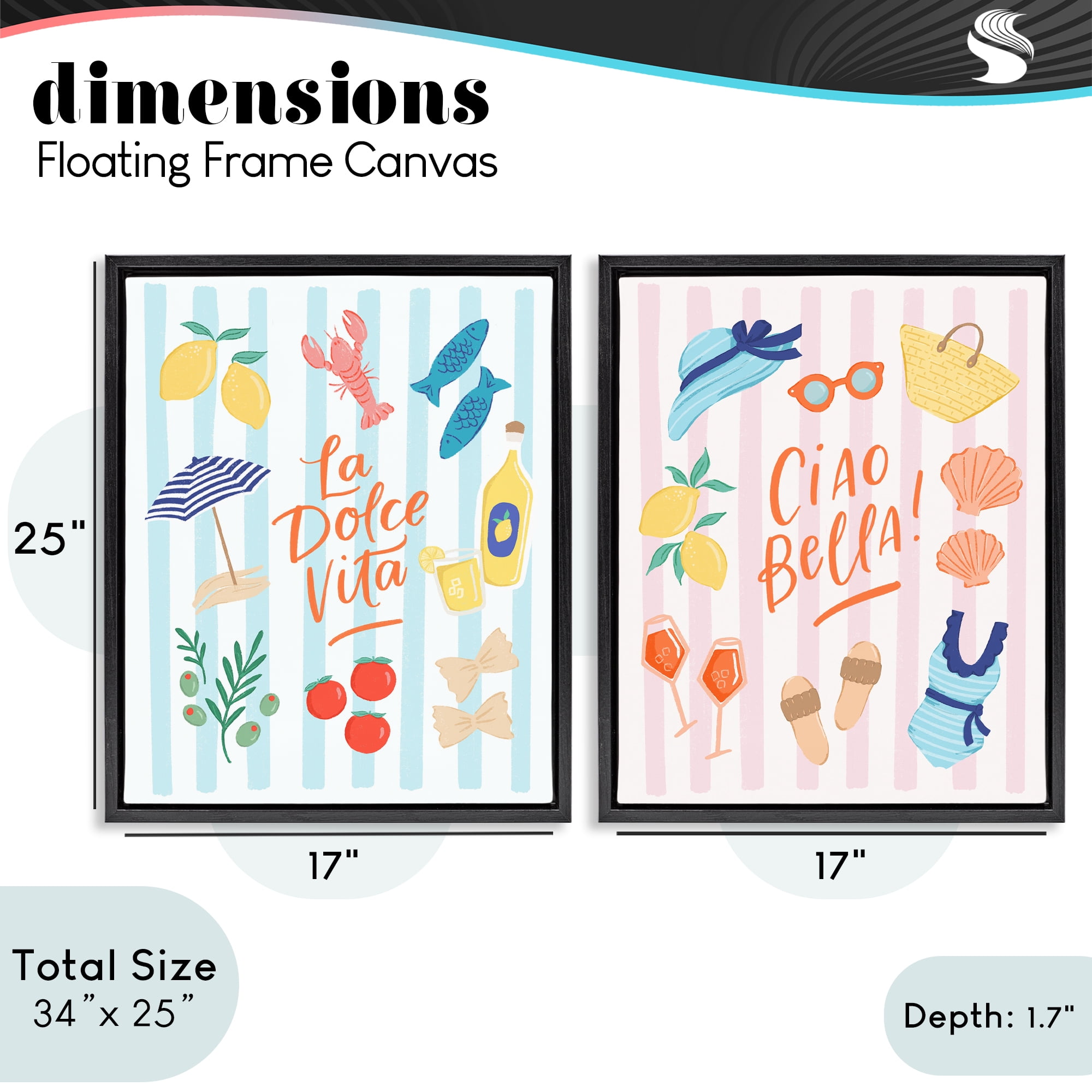 Stupell Industries Summer Italian Vacation 2 Piece Black Framed Floater Canvas Set, design by Sandra Picco
