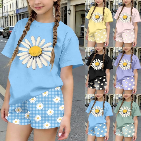 Babcutegg Girls Summer Printed Two-Piece Outfit – Short Sleeve Round Neck Top with Elastic Waist Shorts for Casual and Playful Everyday Wear Yellow Size 14-15