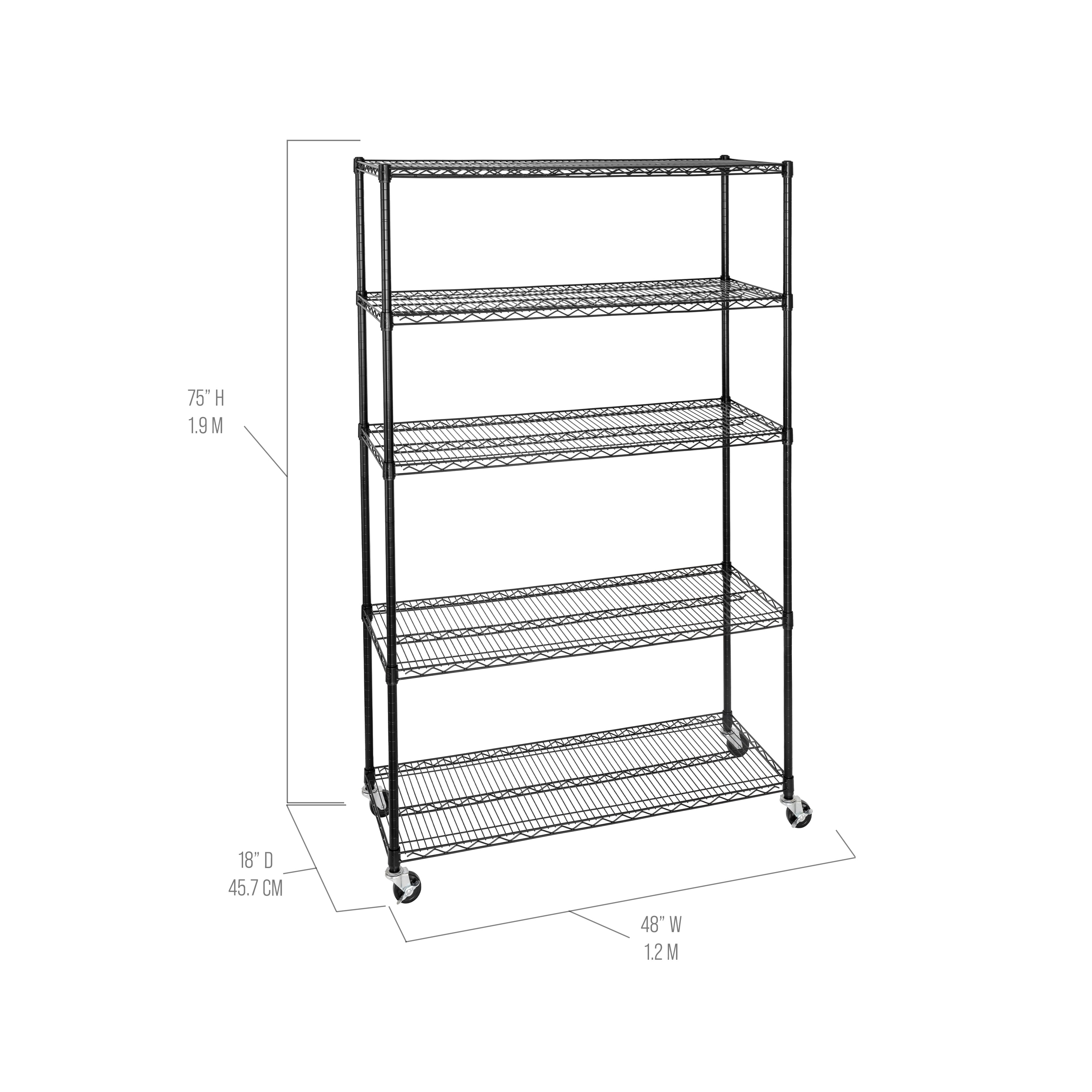 Seville Classics UltraDurable Commercial-Grade 5-Tier NSF-Certified Steel Wire Shelving with Wheels, 48" x 18", Black