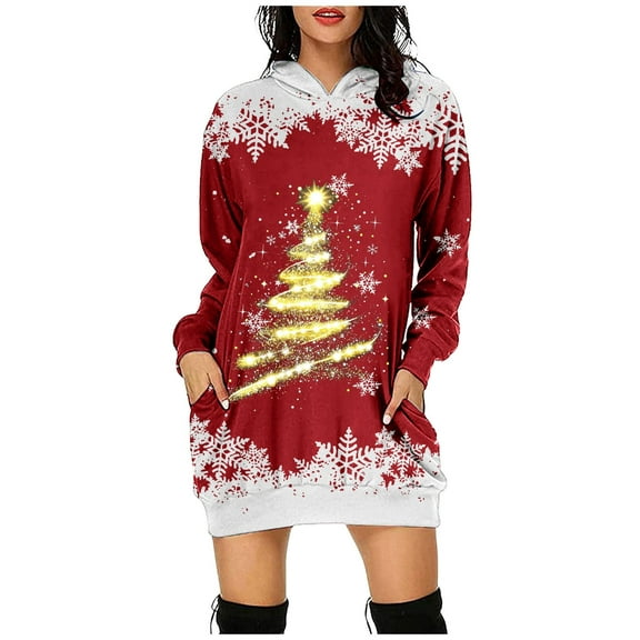 Women's Casual Christmas Printed Hoodie Dress Featuring Festive Gold Tree Design for Holiday Season Comfort