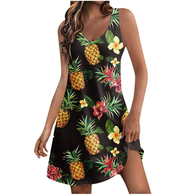 Staron Robes d'Été pour Femmes 2025 Amples à Col en V Boho Robes à Imprimé Floral Ligne A Fluides Sans Manches Printemps Décontractées Vacances Plage Robe d'Été avec Poches G