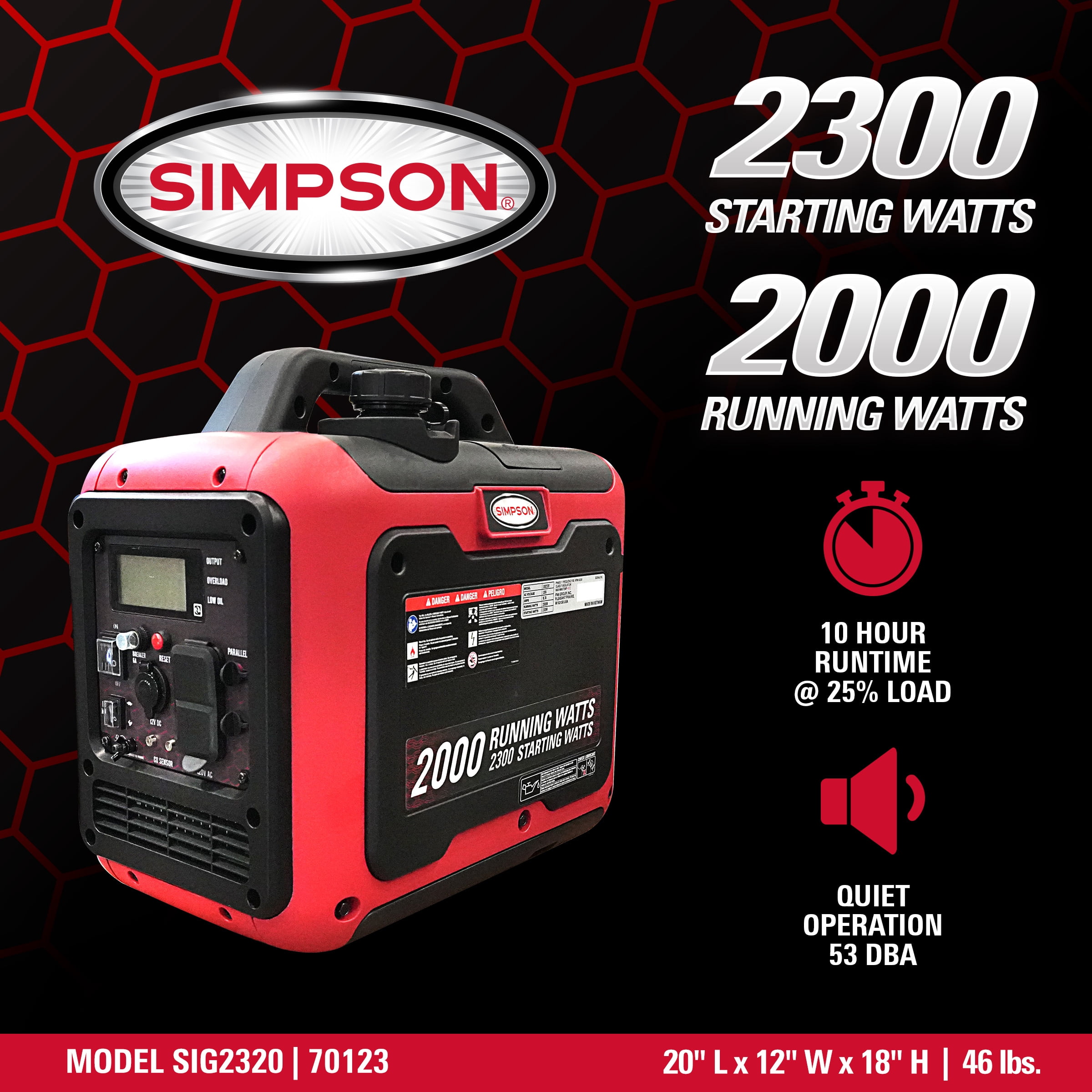 Simpson 2300W Portable Inverter Generator, Quiet, CO Sensor, GFCI (SIG2320)