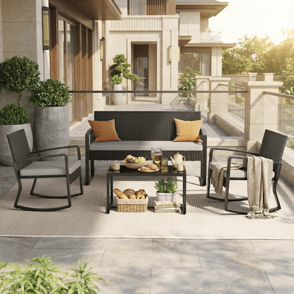 3-Piece All-Weather L-Shaped PE Wicker Patio Conversation Set - Thick Cushioned Outdoor Sofa with Tempered Glass Coffee Table, Waterproof Backyard/Porch/Balcony/Poolside Furniture Grey