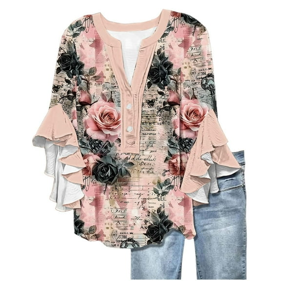 YABCSAZ Womens 3/4 Sleeve Oversize Shirts Floral Printed Ruffle Casual Loose Shirts Plus Size V Neck Tunic Tops Fall Clothes for Women 2025