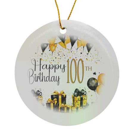 3drose Yellow and Black Gifts and Balloons Happy 100th Birthday Circle Porcelain Ornament