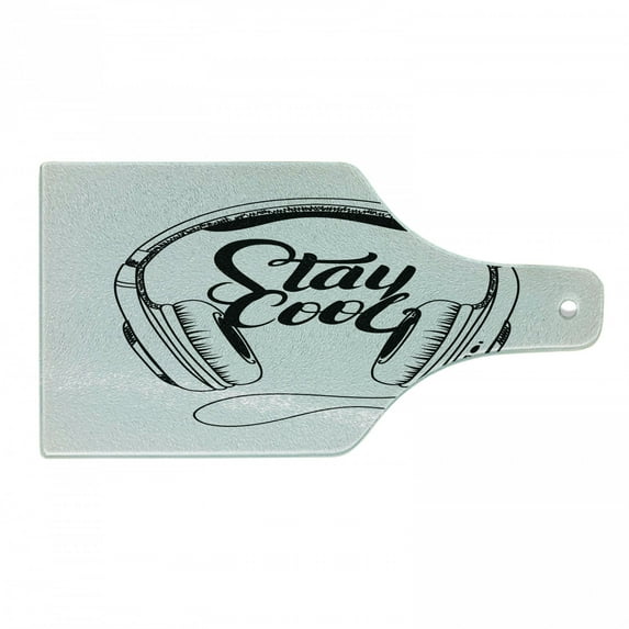 Stay Cool Cutting Board, Hand Written Looking Stay Cool Words Between Headphones Music Print, Decorative Tempered Glass Cutting and Serving Board, in 3 Sizes, by Ambesonne