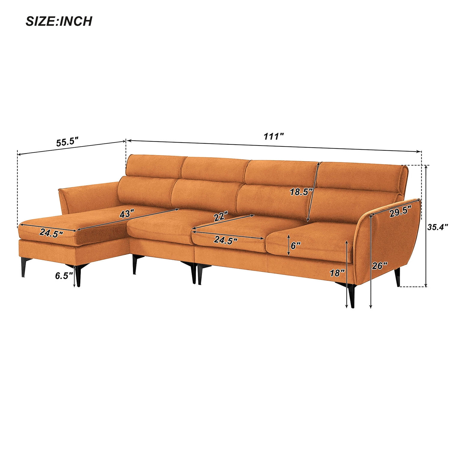Kadyn 111 " Convertible Sectional Sofa Couch, Flannel L Shape Furniture Couch with Chaise Left/Right Handed Chaise, Modern Fabric Sofa for Apartment, Orange Kadyn 111 " Convertible Sectional Sofa Couch, Flannel L Shape Furniture Couch with Chaise Left/Right Handed Chaise, Modern Fabric Sofa for Apartment, Orange