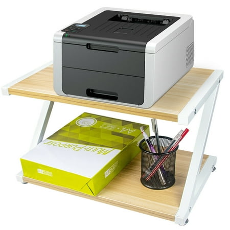 Desktop Printer Stand, 2 Tier Wood Desk Printer Table Multi-Purpose Printer Shelf for Office Fax Machine, Scanner, Files, Books with Adjustable Anti-Skid Feet