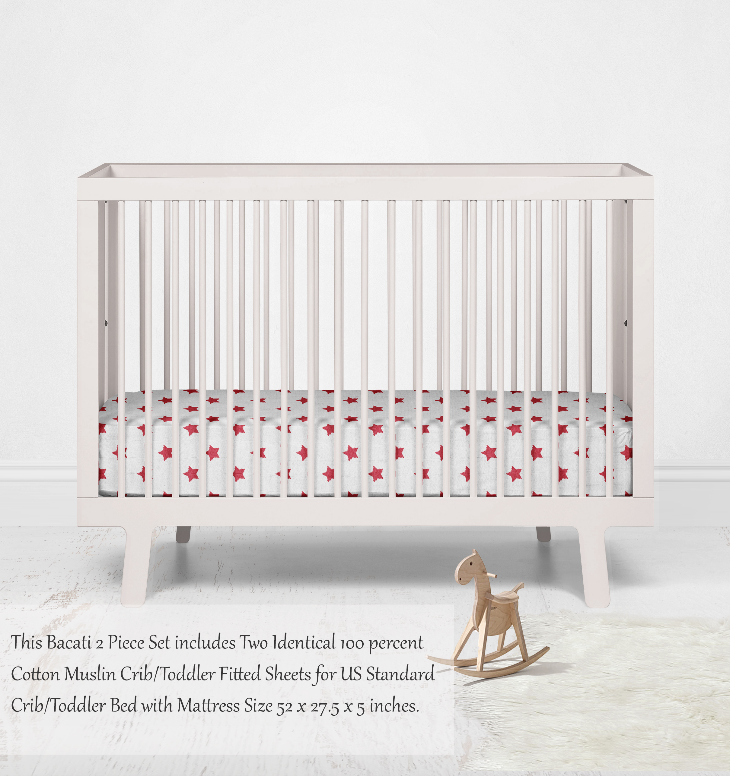 Bacati - Stars Ikat Crib/Toddler Bed Fitted Sheets 100% Cotton Muslin 2 Pack, Red