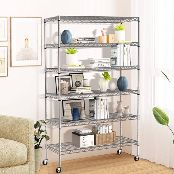 Dkelincs 6 Tier Wire Shelving Unit Adjustable Storage Metal Shelf NSF Rack with Wheels for Garage Kitchen, Silver