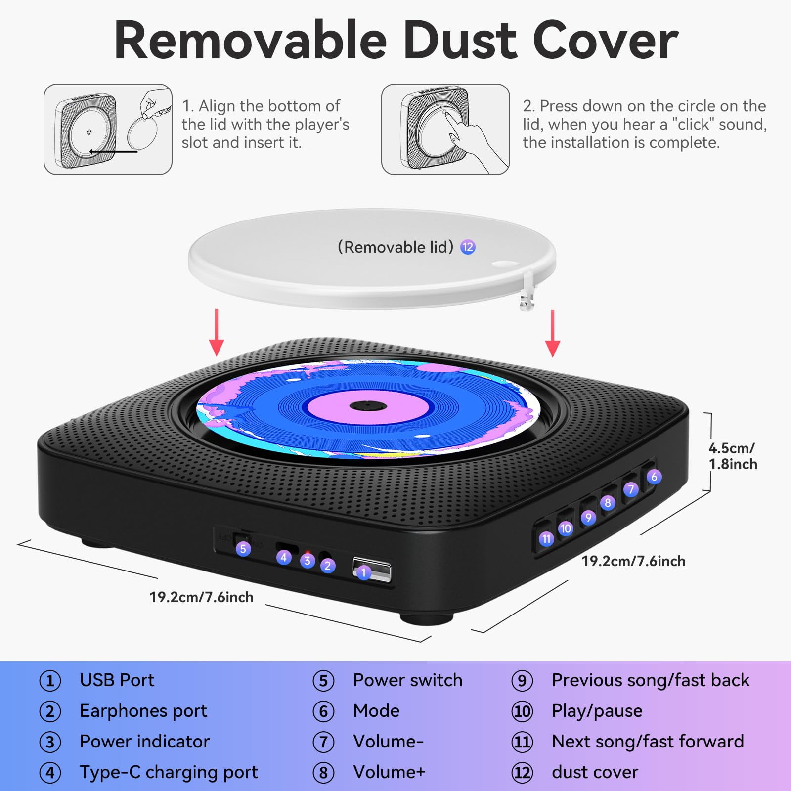Ooosea CD Player Portable Bluetooth Rechargeable CD Players for Home Desktop Wall Mount CD Player with Speakers FM Radio USB AUX Jack Remote Control