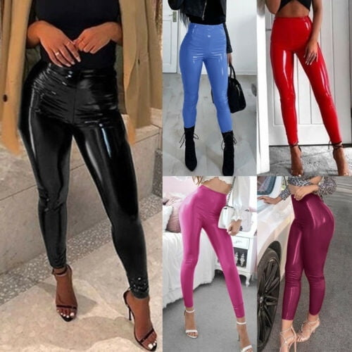 Womens Shiny Pants PU Leather Sexy High Waist Skinny Leggings Casual  Trousers