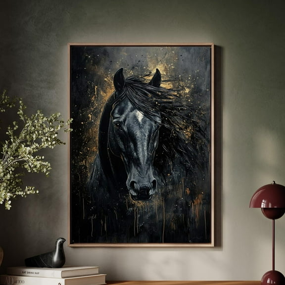 Striking Black Horse Art – Powerful Stallion Portrait, Dark Equestrian Decor, Western Horse Print, Dramatic Animal Wall Art Wall Art, Modern Wall Decor, 8x12 UNFRAMED